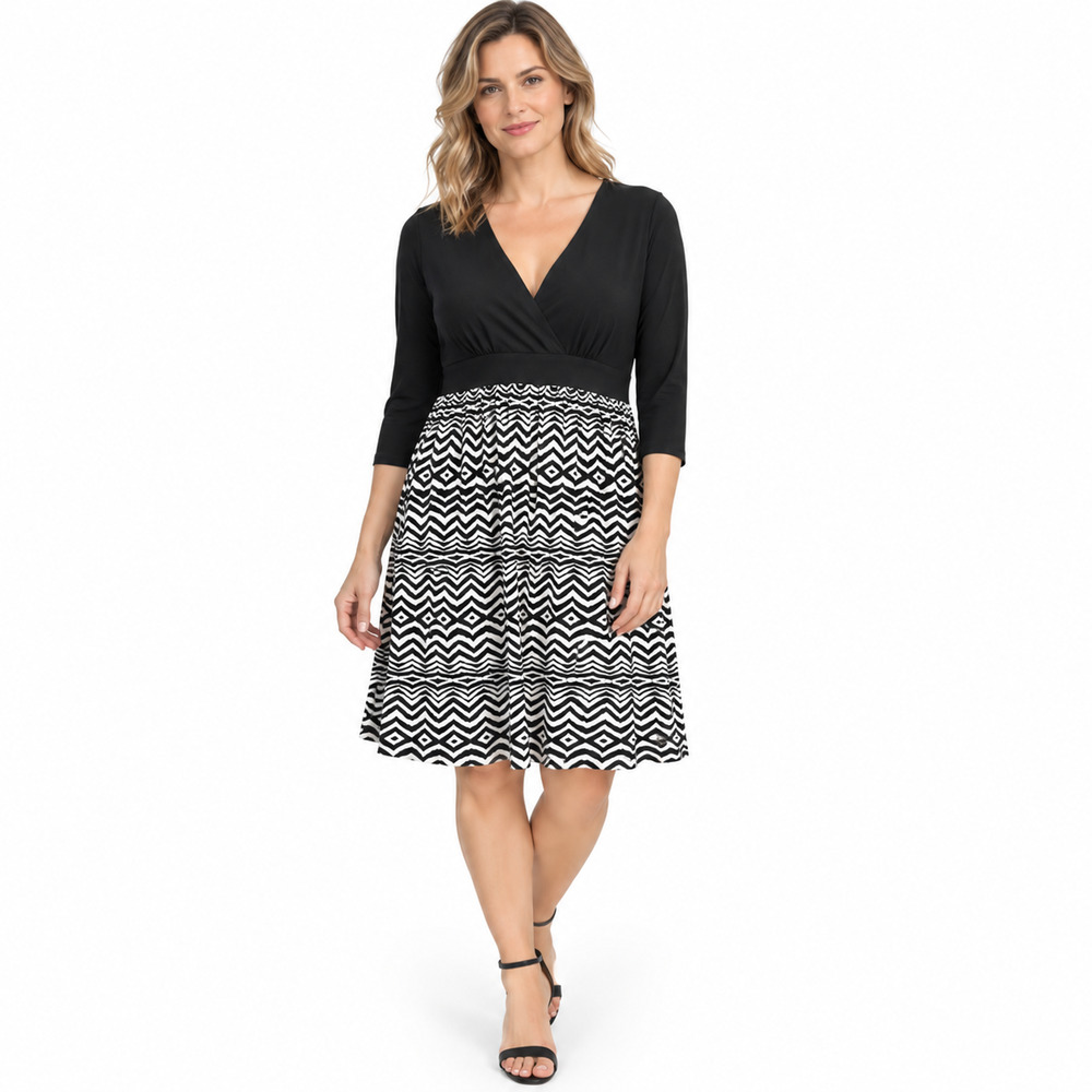 London Times Black Ivory Jersey Knit V-Neck Knee Length 3/4 Sleeve Dress sz 10